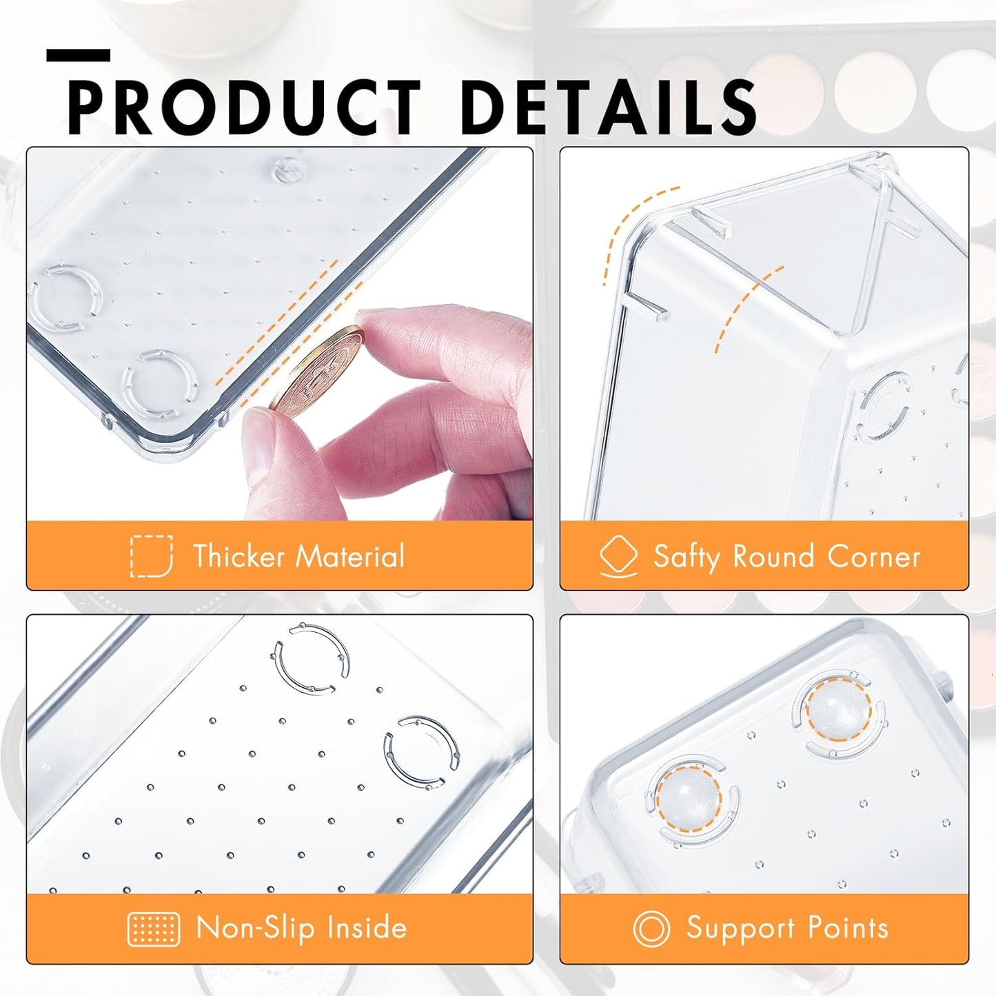 HOUSE DAY Desk Drawer Organizer Bins 6 PCS, 9*6*2" Clear Drawer Organizers with Silicone Pads, Vanity Organizers and Storage, Non Slip Plastic Drawer Organizer for Makeup, Bathroom, Kitchen, Office