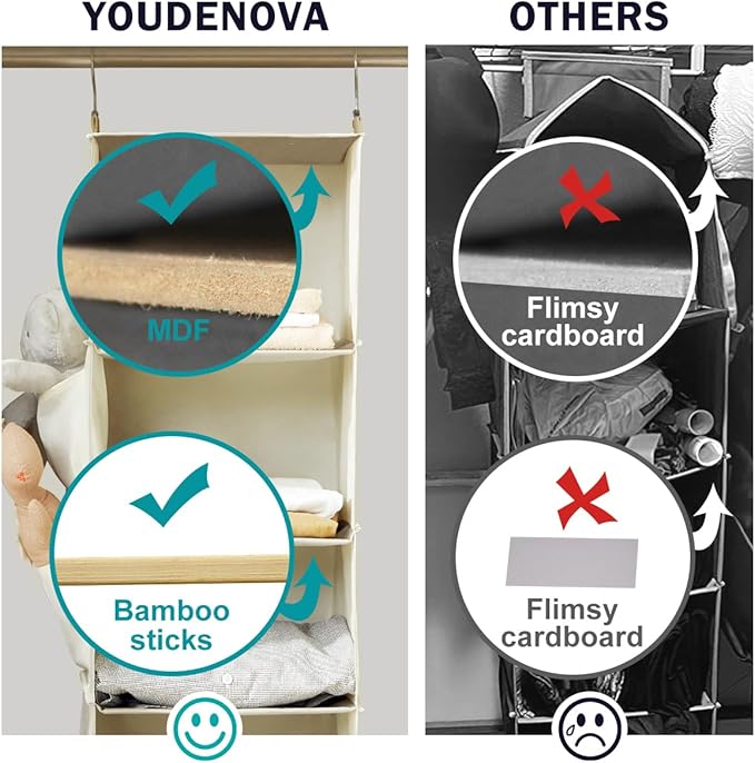 YOUDENOVA Hanging Closet Organizer, 6-Shelf Closet Hanging Storage Shelves, 2 Packs, Beige