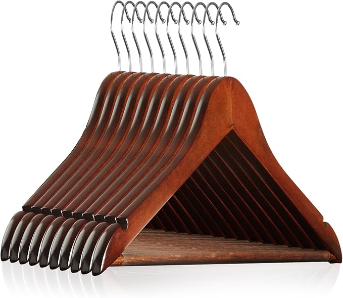 Casafield - 10 Walnut Wooden Suit Hangers - Premium Lotus Wood with Notches & Chrome Swivel Hook for Dress Clothes, Coats, Jackets, Pants, Shirts, Skirts