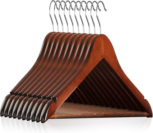 Casafield - 10 Walnut Wooden Suit Hangers - Premium Lotus Wood with Notches & Chrome Swivel Hook for Dress Clothes, Coats, Jackets, Pants, Shirts, Skirts