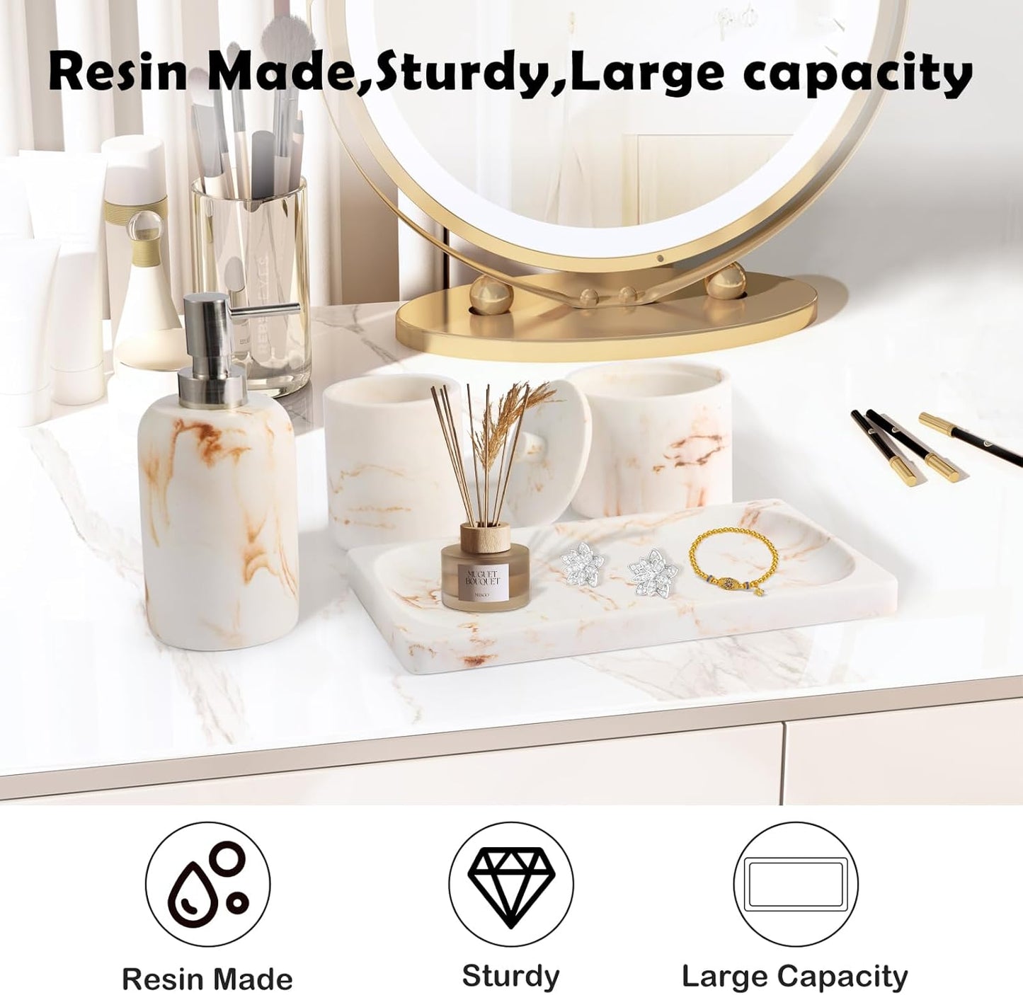 Marble Pattern Bathroom Accessory Sets,4 Pieces Resin Bathroom Accessories Complete Set - Lotion Dispenser,Tumbler,Q-tip Holder and Vanity Tray(Classic Beige Marble)
