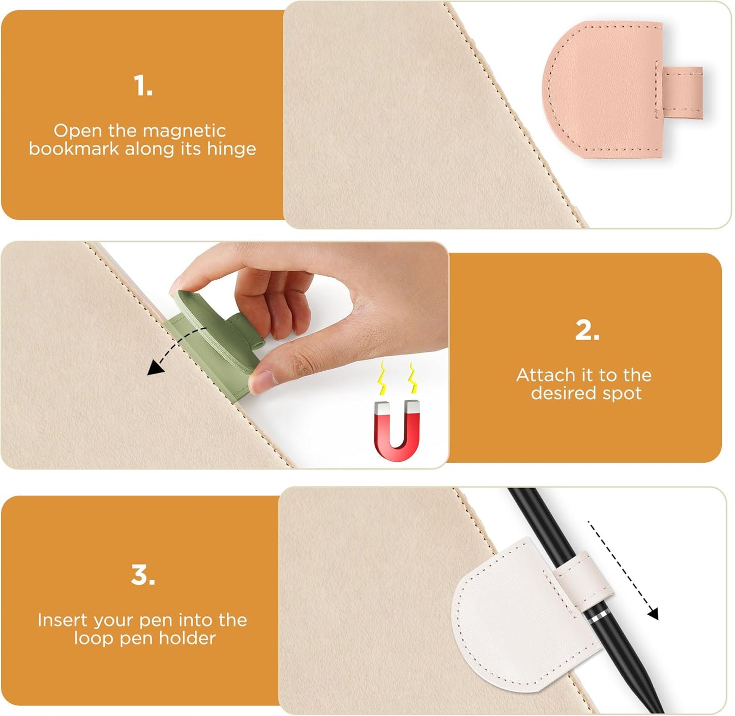 Magnetic Pen Loop Holder, Pencil Holder for Notebooks, Journals, Calendars, PU Leather 5 Pack