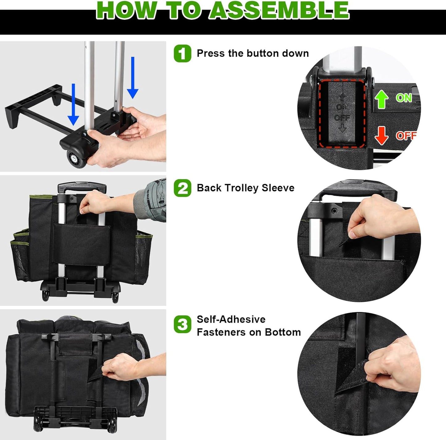 Large Rolling Cleaning Caddy Bag, Cleaning Caddy with Wheels with Detachable Trolley for Housekeepers, Water Resistant Cleaner Supplies Organizer with Wheels for Kitchen, Car, Picnic(Black-Green)