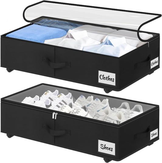 2 Pack Under Bed Storage with Wheels 6.7" Height, Rolling Storage Bins XL 50L, Underbed Shoe Storage Containers with Label & Clear Lid, Dorm Under bed Drawers for Clothes, Shoes, Quick Assembly, Black