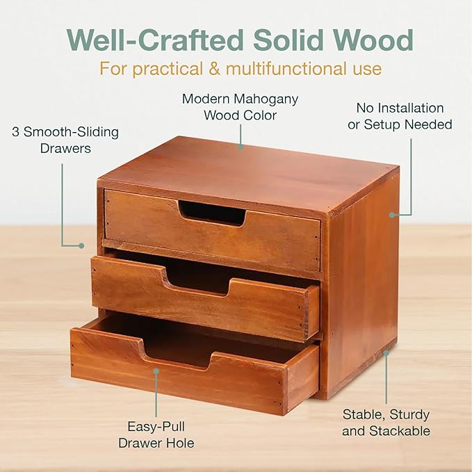 Triple Drawer Desktop Storage Organizer in Modern Wood Design (9.8”x6.9”x 7.5”) 3-Drawer Stackable Drawer Unit - Vanity Accessories Organizer (1-Pack)