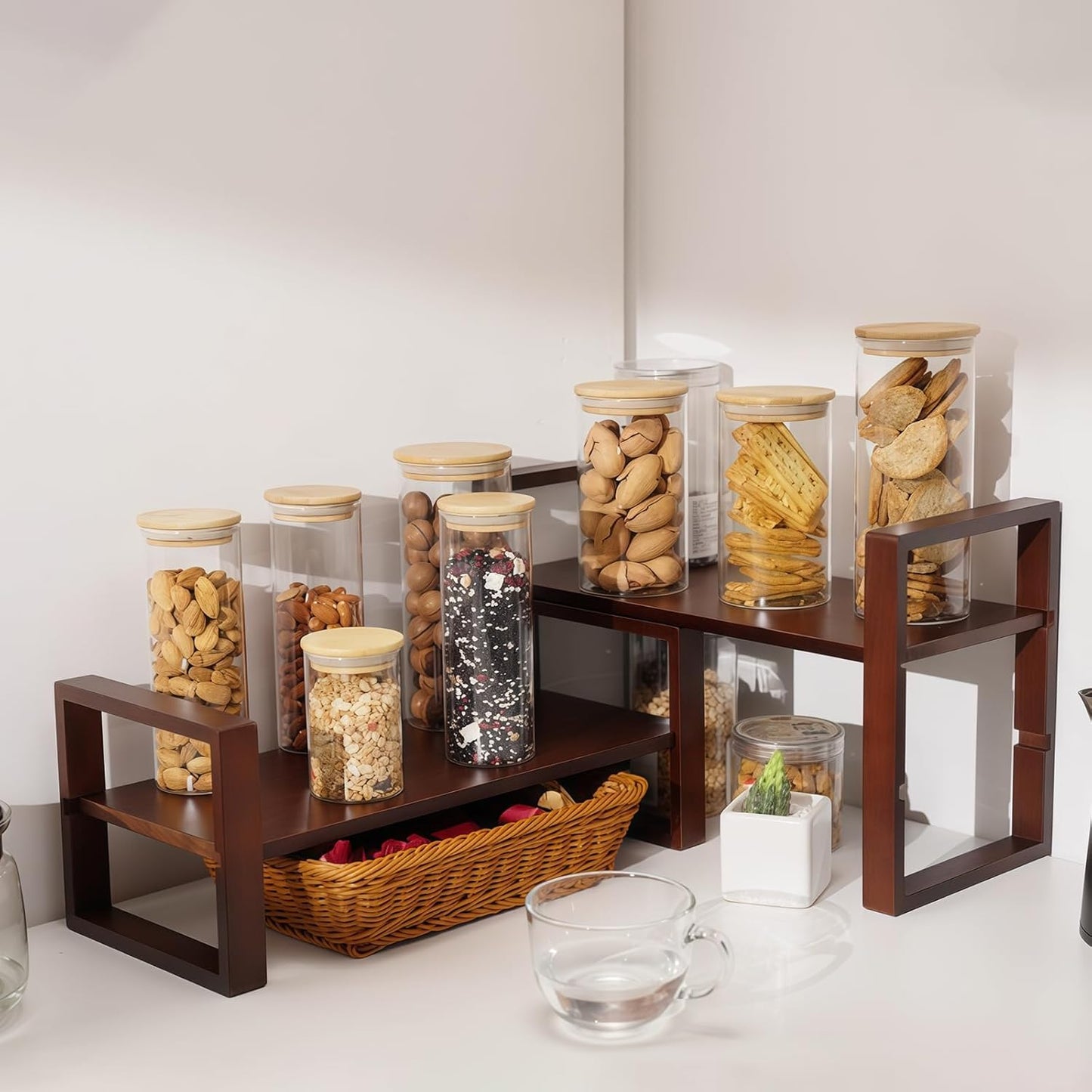 Desk Shelves Desktop Organizer Shelf - No Assembly Needed Holds 130lbs for Top of Desk Organizers and Accessories Corner Bookshelf Table Top Shelving in Office, Books, Bathroom Storage--Walnut Colour