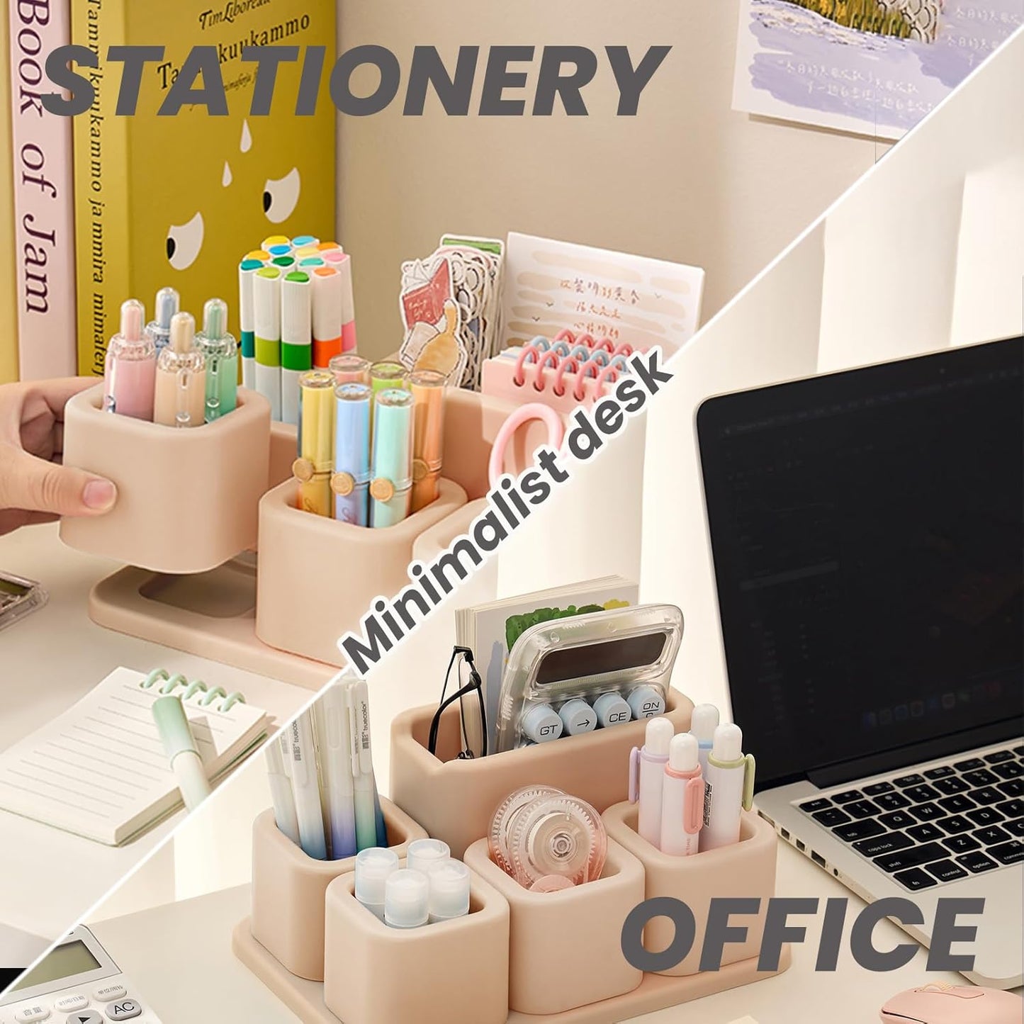 Cute Desk Organizer Countertop – Pen Holder 5 Removable Small Plastic Brush Holder for Bathroom Vanity Desktop, Cosmetic/Skincare/Stationery Storage Display Desk Organizer, for Minimalist Counter