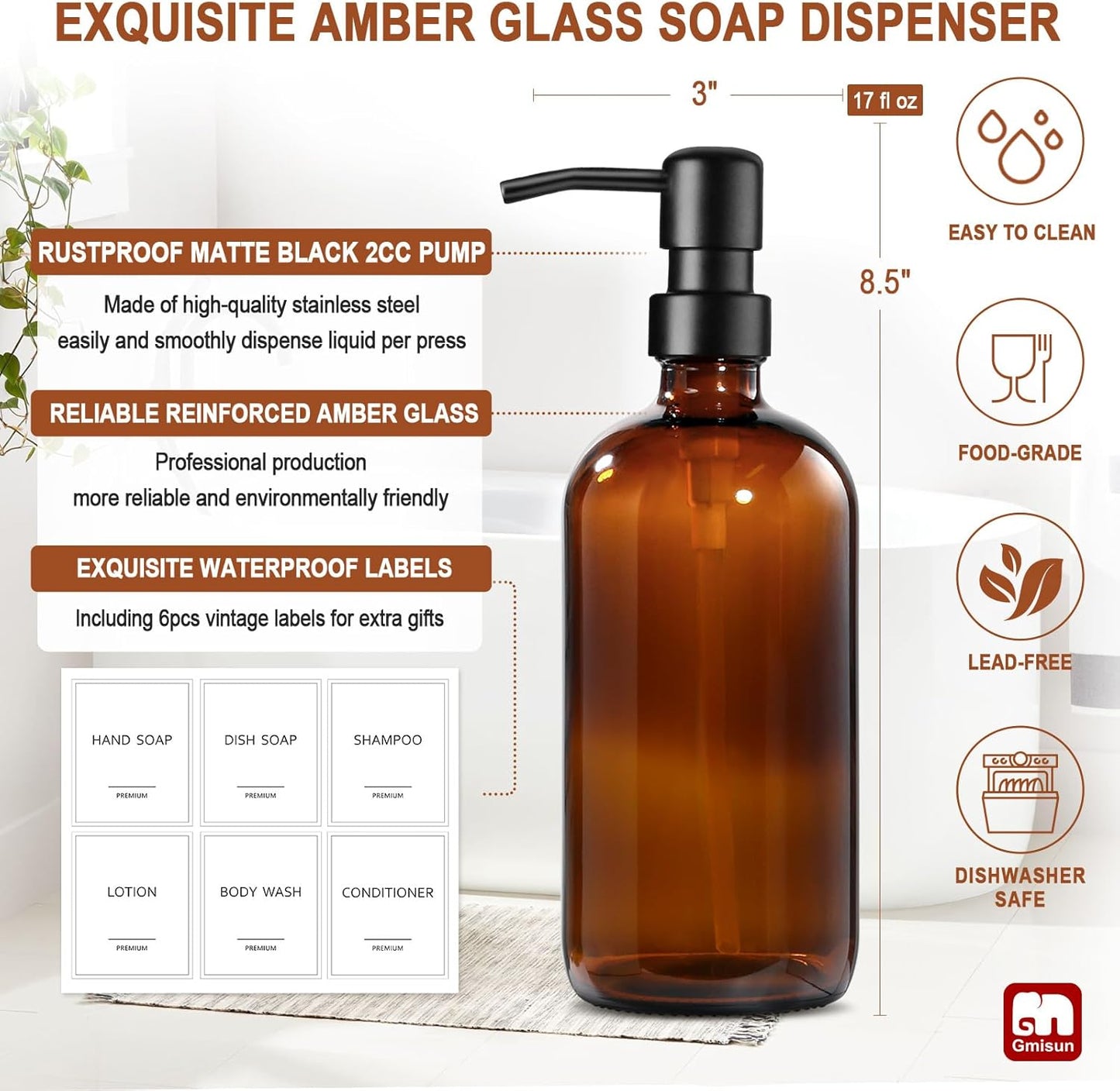 GMISUN Shampoo and Conditioner Dispenser, 3 Pack Amber Glass Bathroom Shampoo Conditioner Body Wash Dispenser with Pump for Shower, 17 Fl Oz Hand Soap Dish Soap and Lotion Dispenser Set for Kitchen