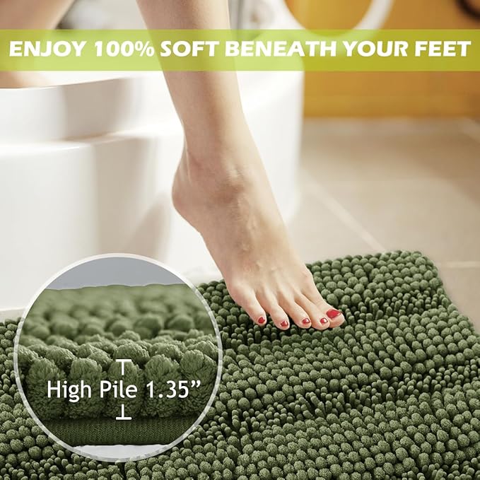 KGORGE Bath Mat for Bathroom Soft Non-Slip Rugs 60" x 24" Cozy Shaggy Durable Thick Chenille Rugs Water Absorbent Quick Drying Shower Carpet for Toilet, Sage Green, 1 Pc