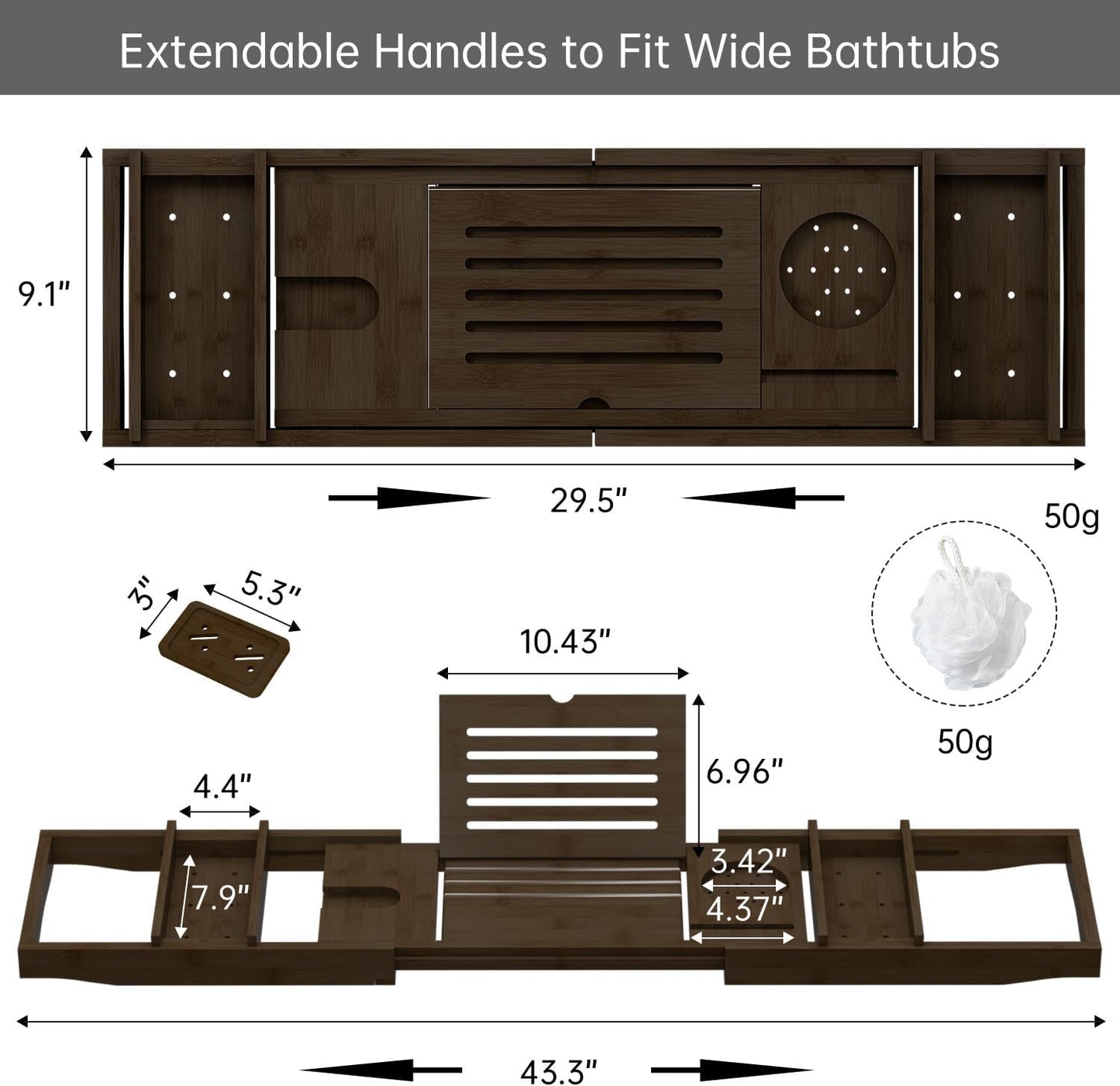 Bamboo Bathtub Tray for Luxury Bathroom, Expandable Premium Bath Tray w/Soap Towel Book Holder, Adjustable Bath Accessories for Tub,Extendable Tub Tray w/Wine Glass Cup Organizer 29.5-43.3" Espresso