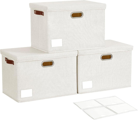 17" Large Collapsible Storage Bins with Lids, Stackable Closet Organizers with PU Handle and Labels, 3-Pack Decorative Fabric Storage Boxes for Home, Bedroom, Closet, Office, Nursery(White)