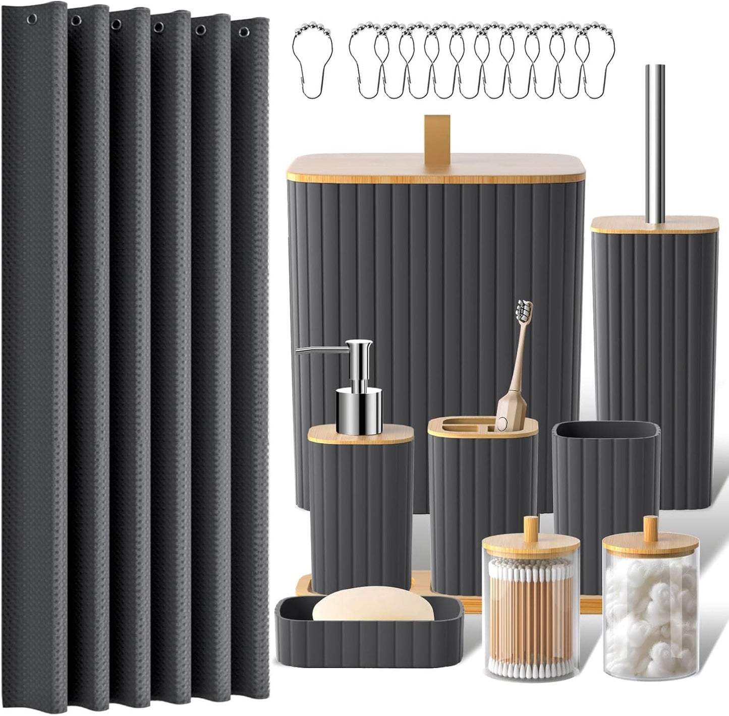 Bathroom Accessories Set - 22PCS Bathroom Set with Shower Curtain, Trash Can, Toilet Brush Holder Set & Soap Dispenser – Stylish & Functional Bath Decor for Home, Apartment, Grey