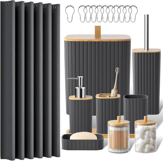 Bathroom Accessories Set - 22PCS Bathroom Set with Shower Curtain, Trash Can, Toilet Brush Holder Set & Soap Dispenser – Stylish & Functional Bath Decor for Home, Apartment, Grey