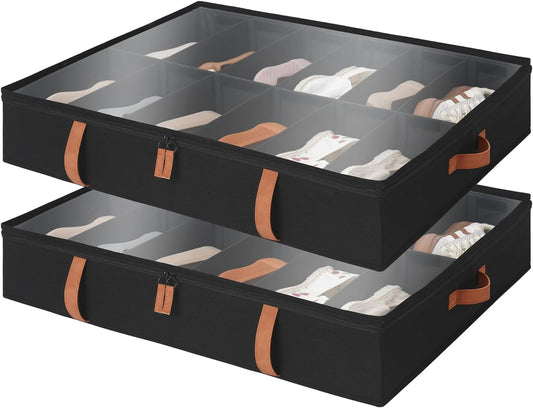 StorageWorks Shoe Organizer Under Bed for Closet, 2-Pack Ultra-thick Fabric Shoe Storage Containers with Bottom Support and Adjustable Dividers, Fits up to 24 Pairs, Black
