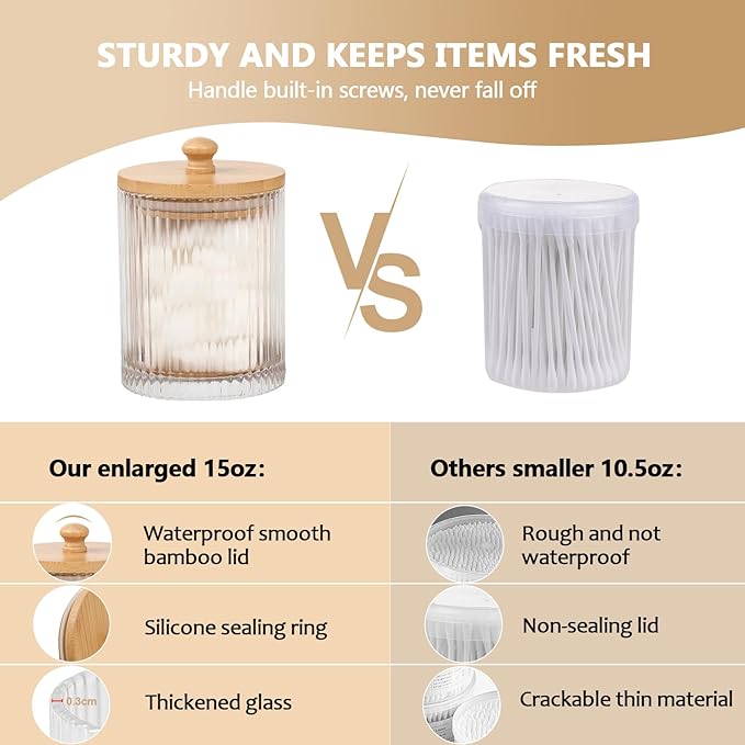 3 Pack Qtip Holder - Bathroom Organizers and Storage, Cotton Round Holder Floss Pick Cotton Ball Holder Swab Dispenser Set with Tray, Glass Apothecary Jars with Lids, -sw clear y
