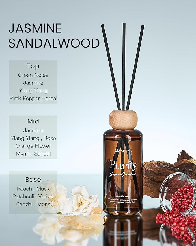 M&SENSE Jasmine Sandalwood Reed Diffuser: 6.3 fl oz Non-Toxic Aroma Set with Sticks, Light & Subtle Fragrance, Long-Lasting Natural Essential Oil Gifts for Bedroom, Shelf Decor & Small Spaces