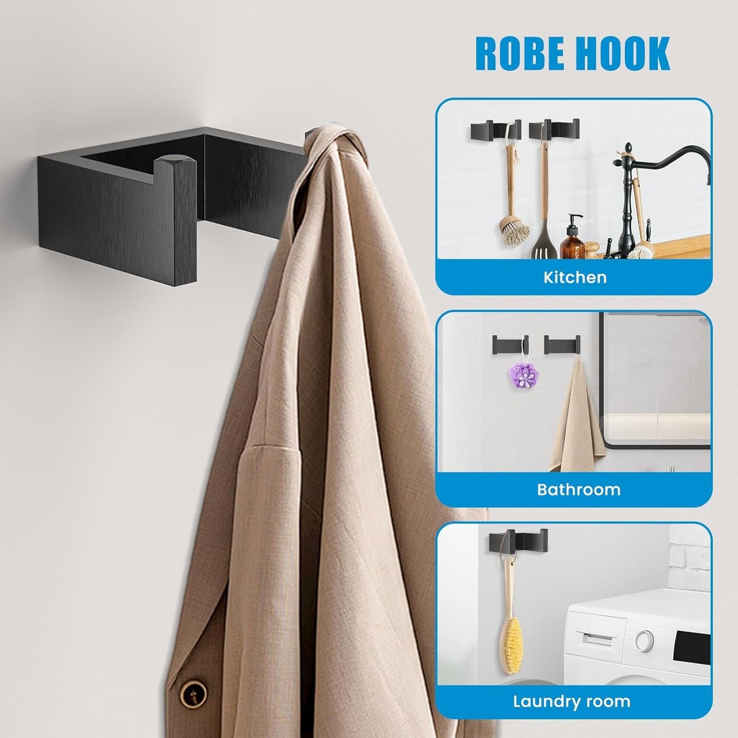 4 Pcs SUS304 Stainless Steel Bathroom Accessories Set, 24" Towel Bar, Towel Holder, Toilet Paper Holder, Robe Hook, Minimalist Design for All Styles Bathrooms (Brushed Black)