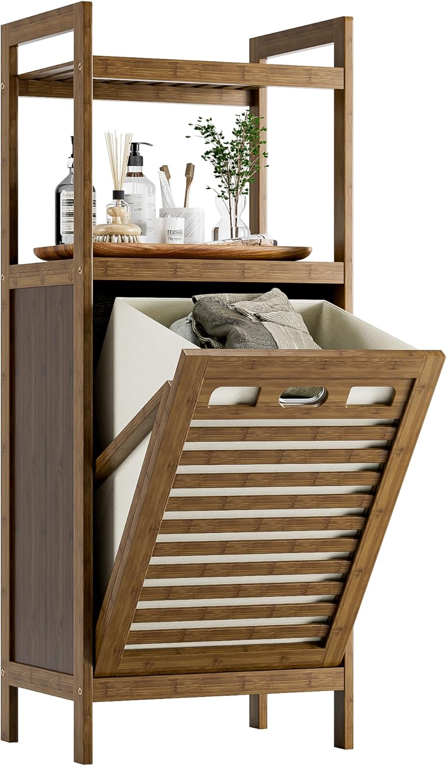 HITNET Bamboo Tilt Out Laundry Hamper, Bathroom Storage Cabinet with Hidden Removable Basket and 2 Open Shelves, Space Saving Bamboo Storage for Clothes, Towels and Toys, Walnut