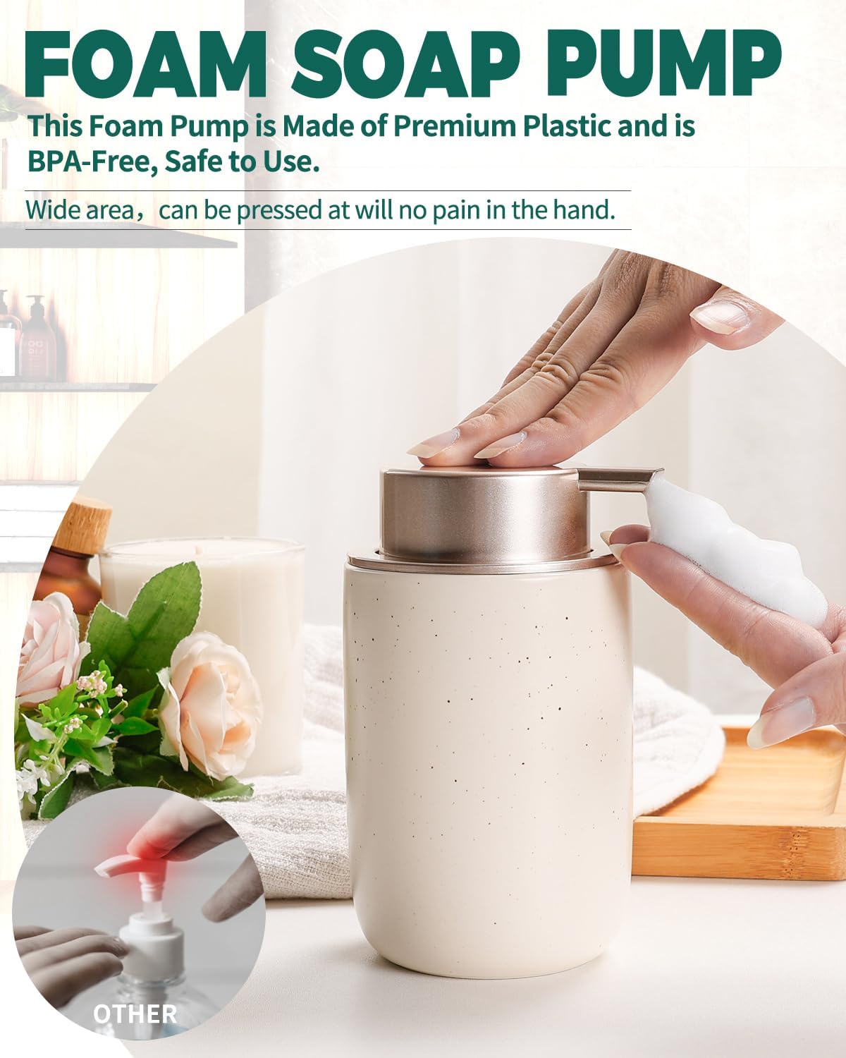 BosilunLife Foam Soap Dispenser - Ceramic Foaming Hand Dispenser for Bathroom Modern Farmhouse Small Soap Dispenser Lotion Hand Pump Dispenser for Kitchen Sink (Apricot, Foam Pump)