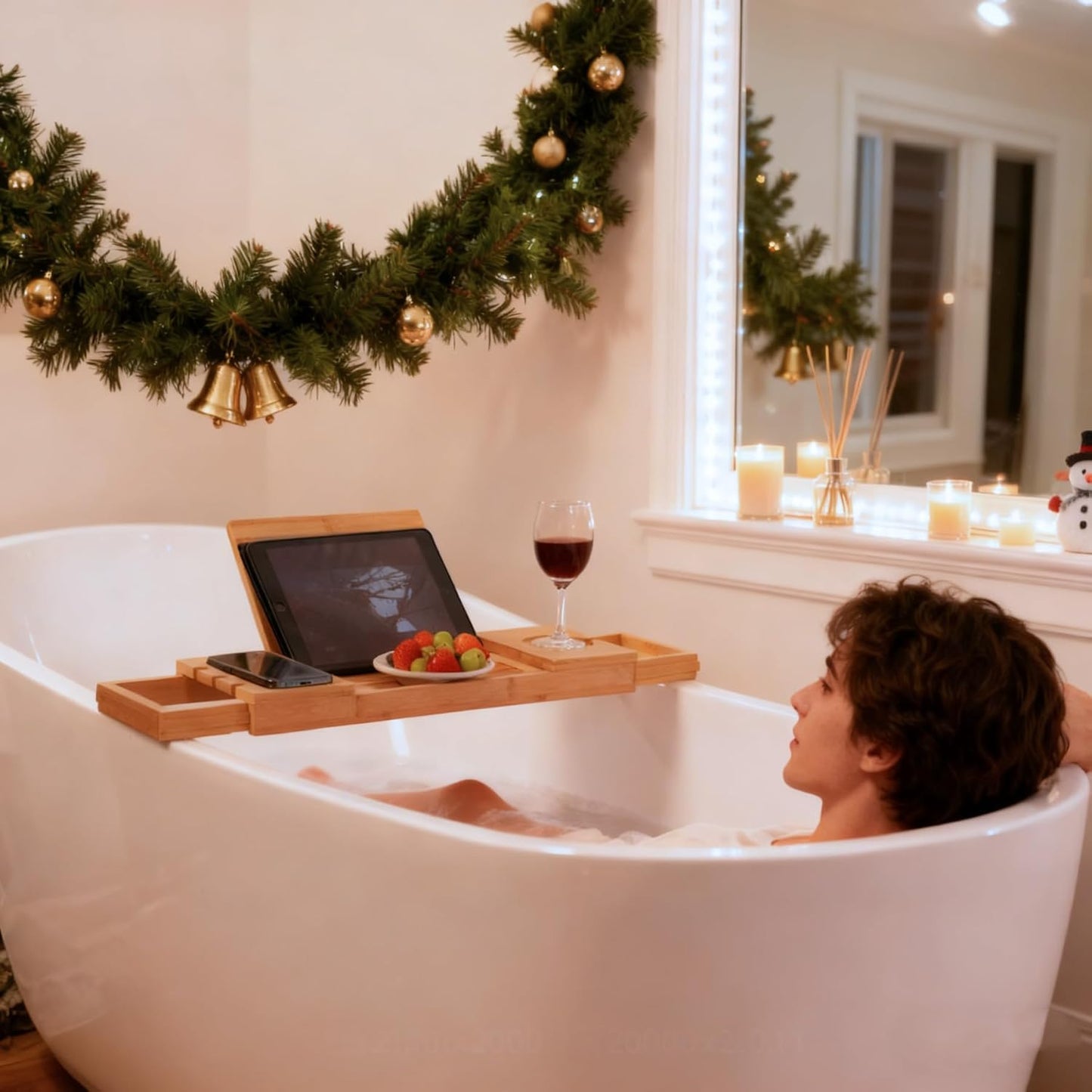 Utoplike Bamboo Bathtub Caddy Tray Bath Tray for Tub, Adjustable Bathroom Bathtub Organizer with Book Tablet Wine Glass Cup Towel Holder