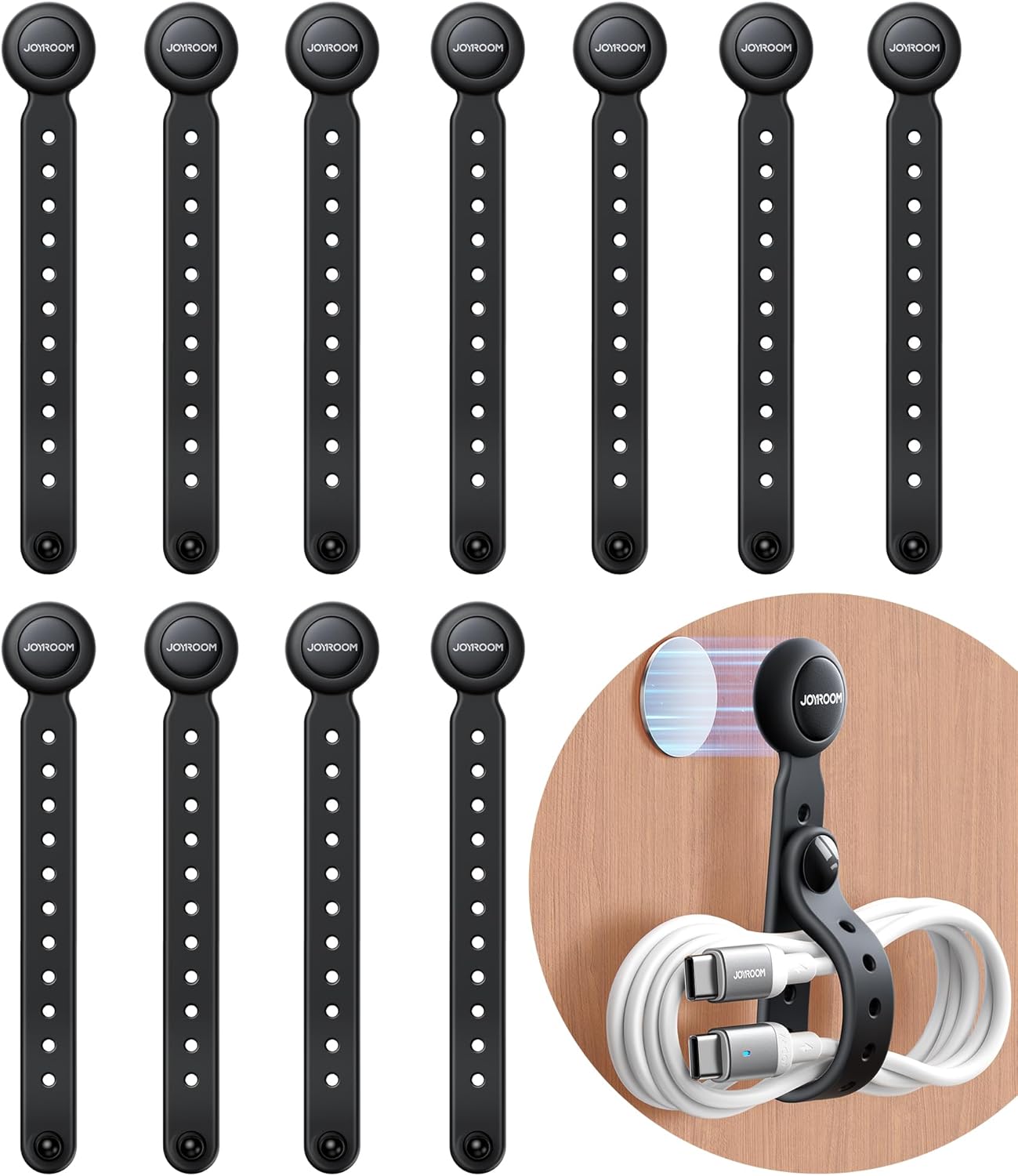 2025 Upgraded Magnetic Cable Ties with Magnets for Bundling & Cable Management– JOYROOM Reusable Silicone Cord Ties Multi-Purpose Cord Organizer Clips for Home, Office & Travel (12-Pack,Black)