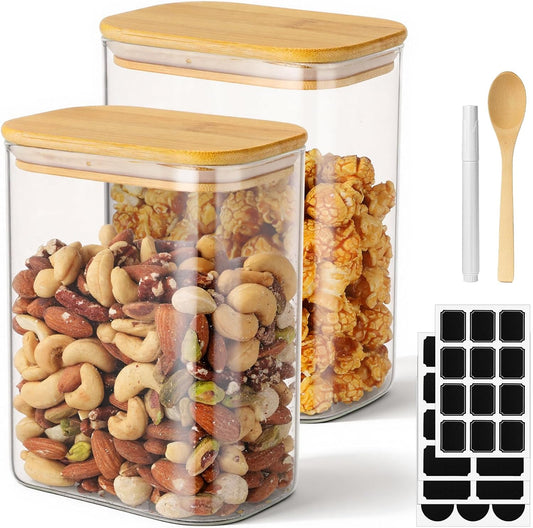 Rectangle Glass Storage Jars, 2 Pack 37oz Glass Containers with Bamboo Lids, Wide Mouth Food Storage Jars with Lids, Clear Kitchen Pantry Container for Cereal, Flour, Tea, Coffee Bean, Oatmeal