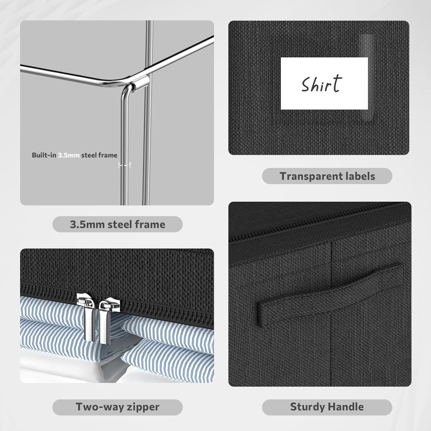 Clothes Storage Bins Box - Linen Fabric Foldable Stackable Container Organizer Set with Clear Window & Carry Handles & Metal Frame (Black, Large-66L)