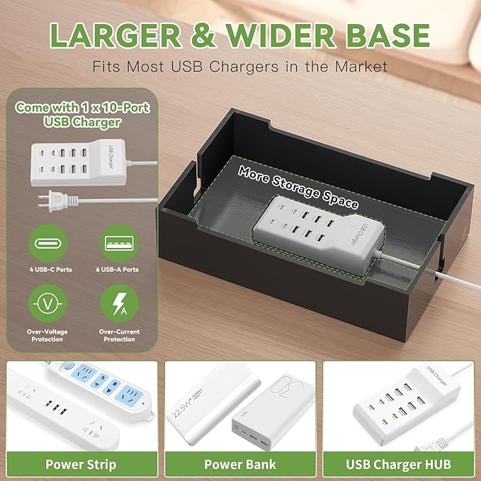 Pezin & Hulin Bamboo Charging Station for Multiple Devices, USB Charger Dock Organizer, with Power Supply (10 Ports HUB), 6 Cables, Cable Management Organizer for Cell Phones, Tablets -Black