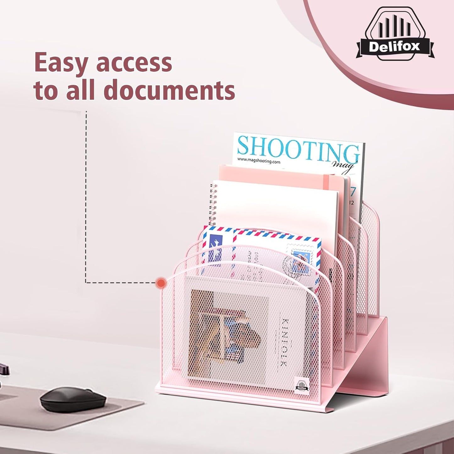 Inclined Desk File Organizer, 5-Section Vertical File Folder Holder Stand Metal Rack File Sorter for Office Classroom Desktop Organization (Pink, 2Pack)