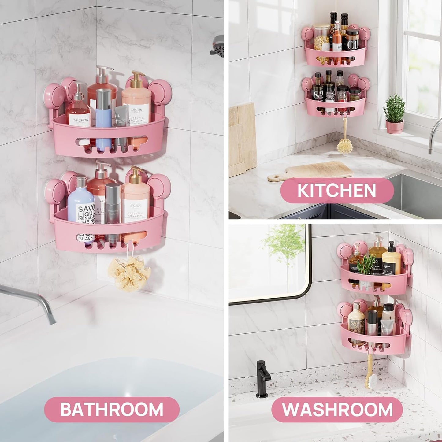 LEVERLOC Corner Shower Caddy Suction Cup, shower shelves suction cup, 2 Pack Basket Powerful Bathroom, Waterproof & Oil-proof Organizer for Kitchen, No-Drilling Removable (Pink)
