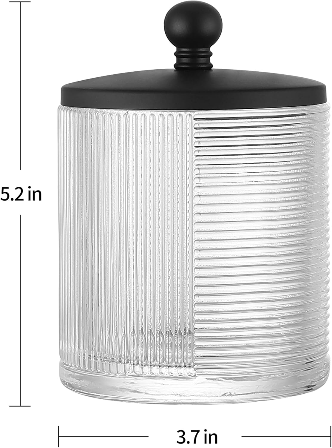 Clear Transparent Apothecary Ribbed Geometric Etched Glass Jar W/Matte Black Metal Lid Cover for Bathroom Organization, Cotton Balls, Q Tips, and Small Accessories, Bathroom Storage