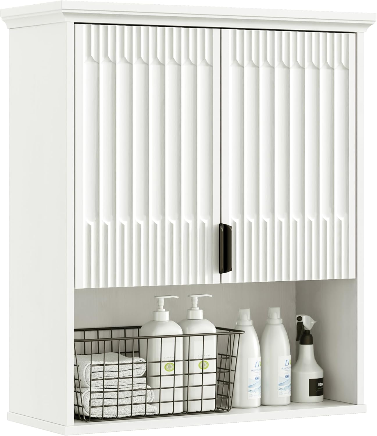 FLOWBACK Wall Mount Bathroom Cabinet, Wooden Medicine Cabinet Storage Organizer with Fluted Doors and Adjustable Shelf, Over The Toilet Space Saver Storage Cabinet (White)