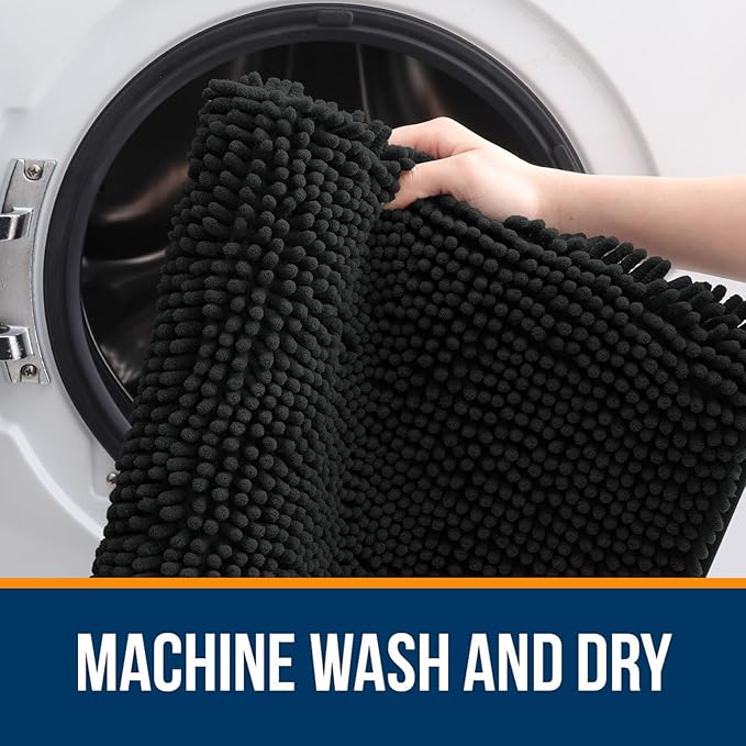 OLANLY Bathroom Rugs 34x21, Extra Soft Absorbent Chenille Bath Rugs, Rubber Backing Quick Dry, Machine Washable Bath Mats for Bathroom Floor, Tub and Shower, Home Decor Accessories, Black