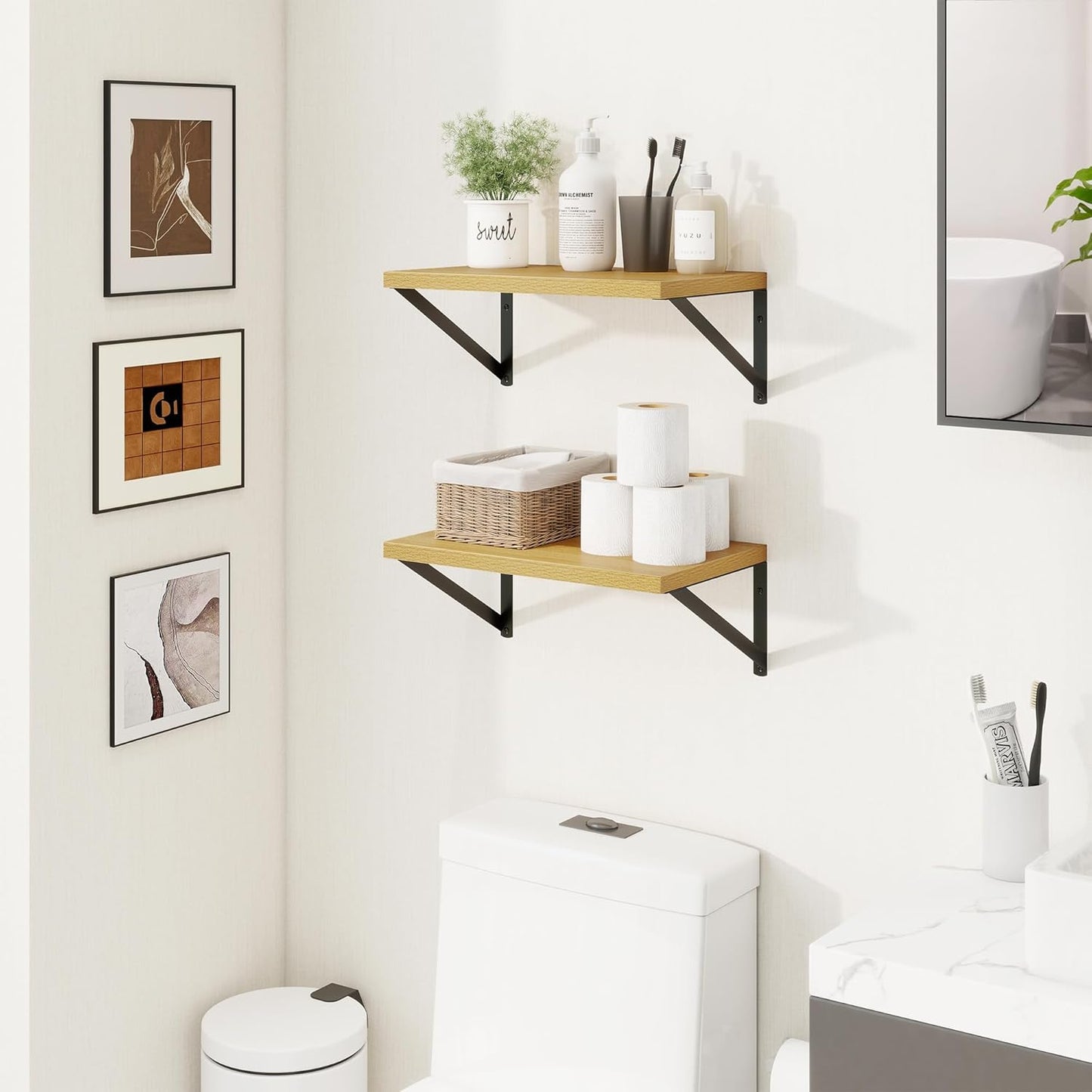 Axeman Deep Floating Shelves for Wall - 10 Inch Deep Floating Shelves Set of 2-16" W x 10" D Oak Wall Shelves for Living Room Bathroom Bedroom