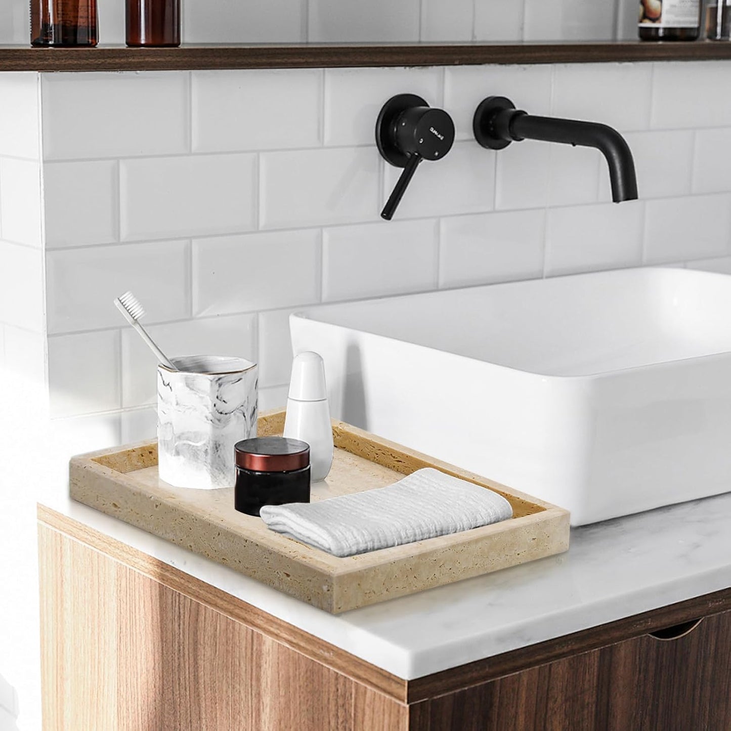 Travertine Tray,Bathroom Vanity Tray Non-Ceramic/Non-Resin,Marble Perfume Decorative Tray 12 x 8 inch (Travertine)