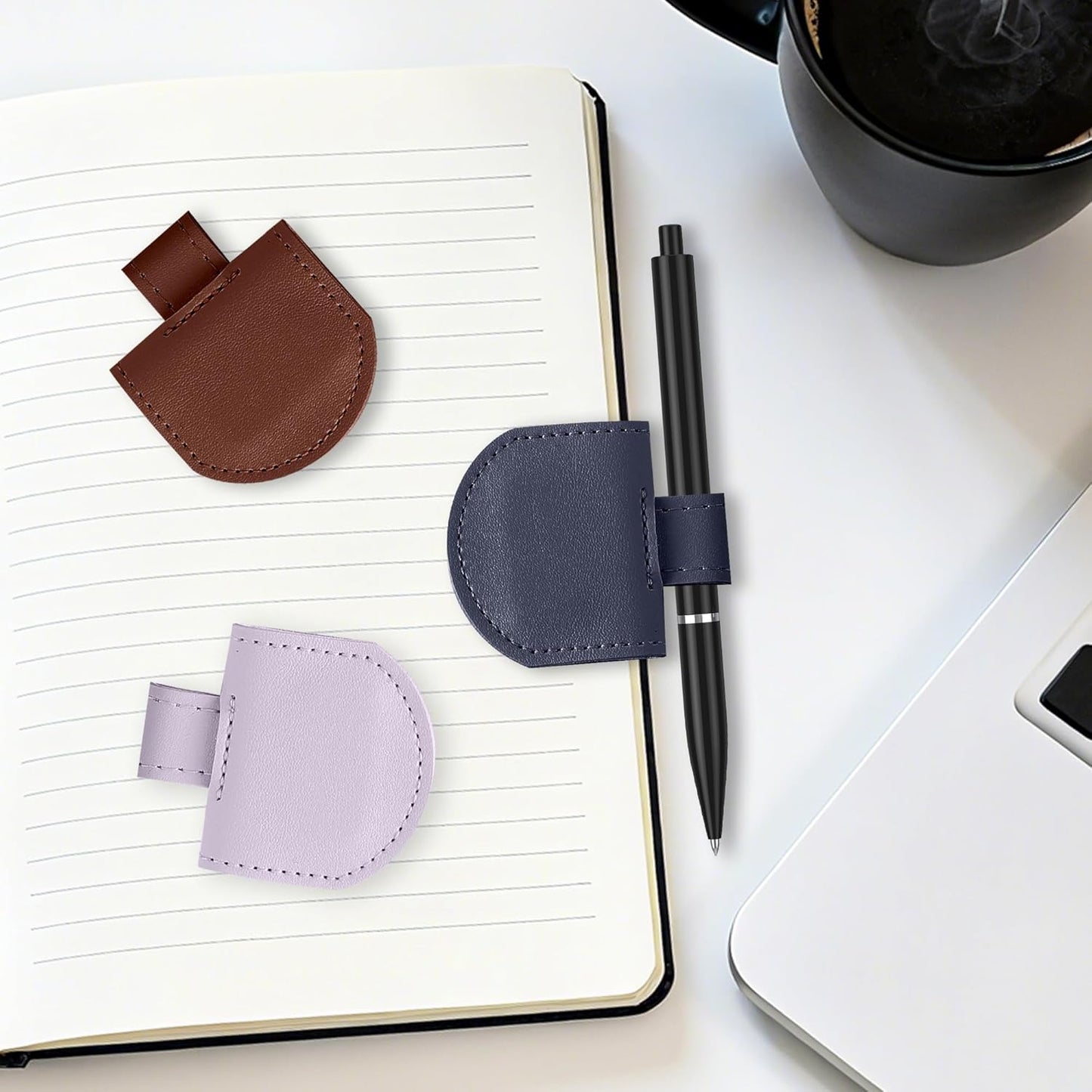 Magnetic Pen Loop Holder, Pencil Holder for Notebooks, Journals, Calendars, PU Leather 3 Pack