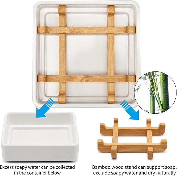 Bamboo Soap Dishes for Bar Soap Holders for Shower for Bathroom Sink Bulk Small Wooden Soap Tray Jabonera Pretty Neat Ventilated Soap Dish Disj Disk, Detachable (Single Right Angle White)