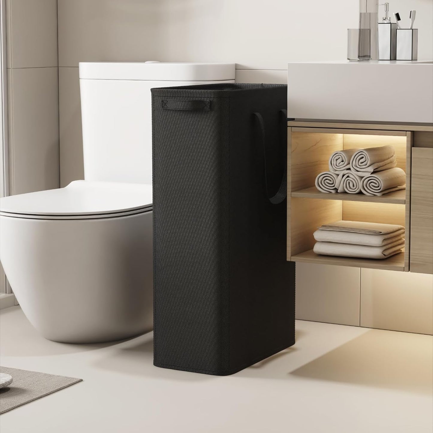 Lifewit 2 Pack Slim Laundry Hamper, Collapsible Narrow Laundry Basket, Small Tall Dirty Clothes Hampers with Handles for Bathroom Bedroom College Dorm, Black, 65L