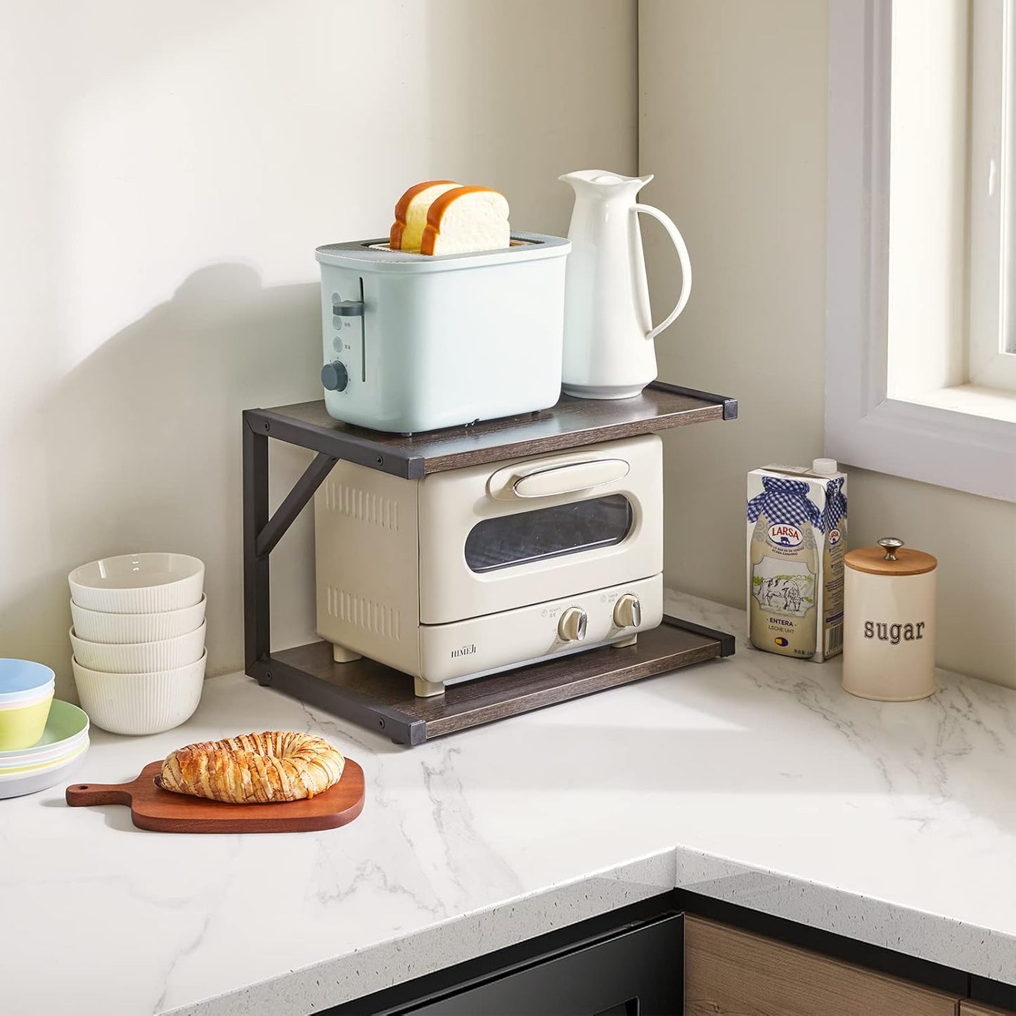 IBUYKE 2-Tier Desktop Printer Stand Holder, Multi-Purpose Desk Organizer Storage Shelf, Book Shelf Printer Shelf for Fax Machine, Scanner, Files, Books, Dark Grey UTLJ004G