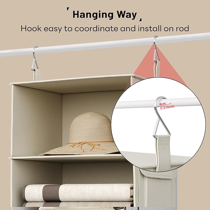 Vailando 6-Shelf Hanging Closet Organizer, 2 Separable 3-Shelf Hanging Shelves with 3 Drawers for Wardrobe, Nursery, Baby Clothes Organization and Storage, Beige