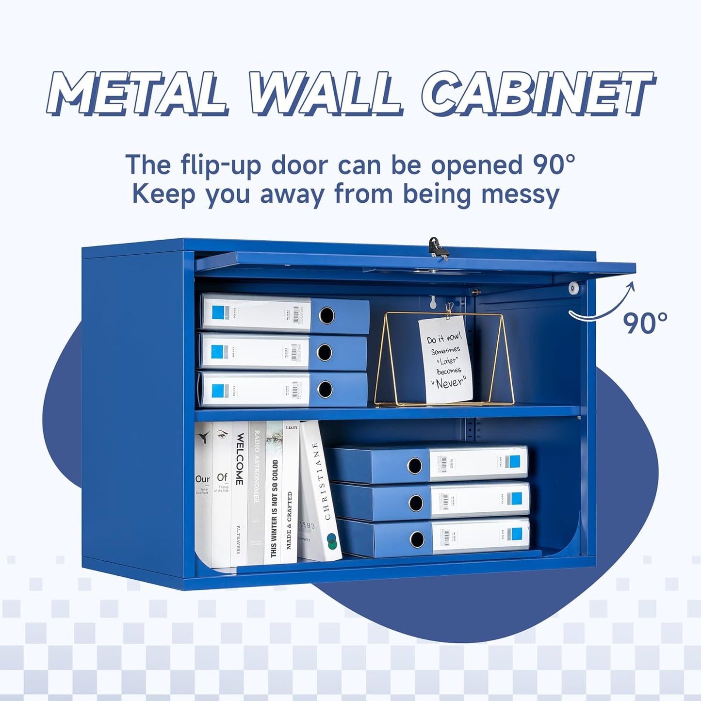 Metal Wall Cabinet with Locking Door and Shelf, Hanging Garage Cabinets with Up-Flip Doors for Garage, Warehouse, Home, Office, Assembly Required (Blue, One Cabinet)