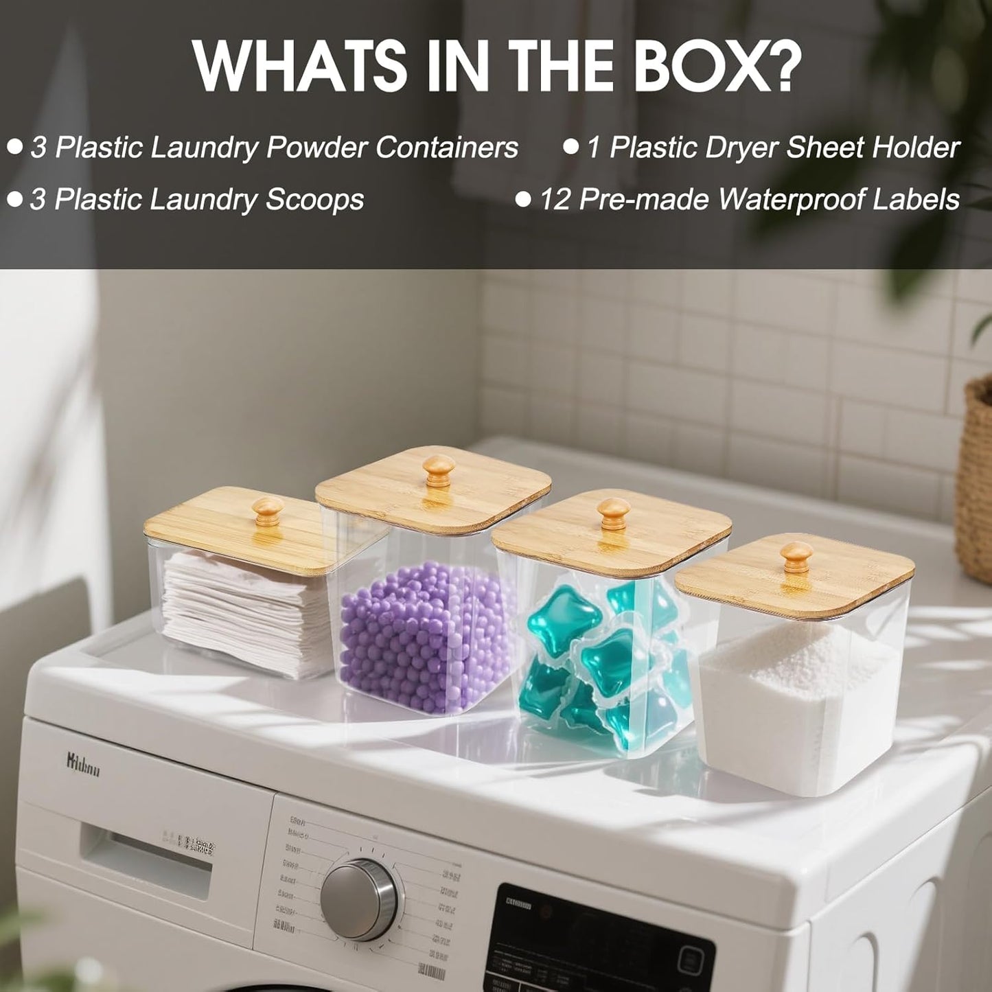 4PCS Laundry Pods Container, Clear Laundry Room Organization and Storage with Bamboo Lids, 3 Premium Scoops & Labels – Ideal for Scent Booster Beads, Dryer Balls, Sheets & Powder (6'')