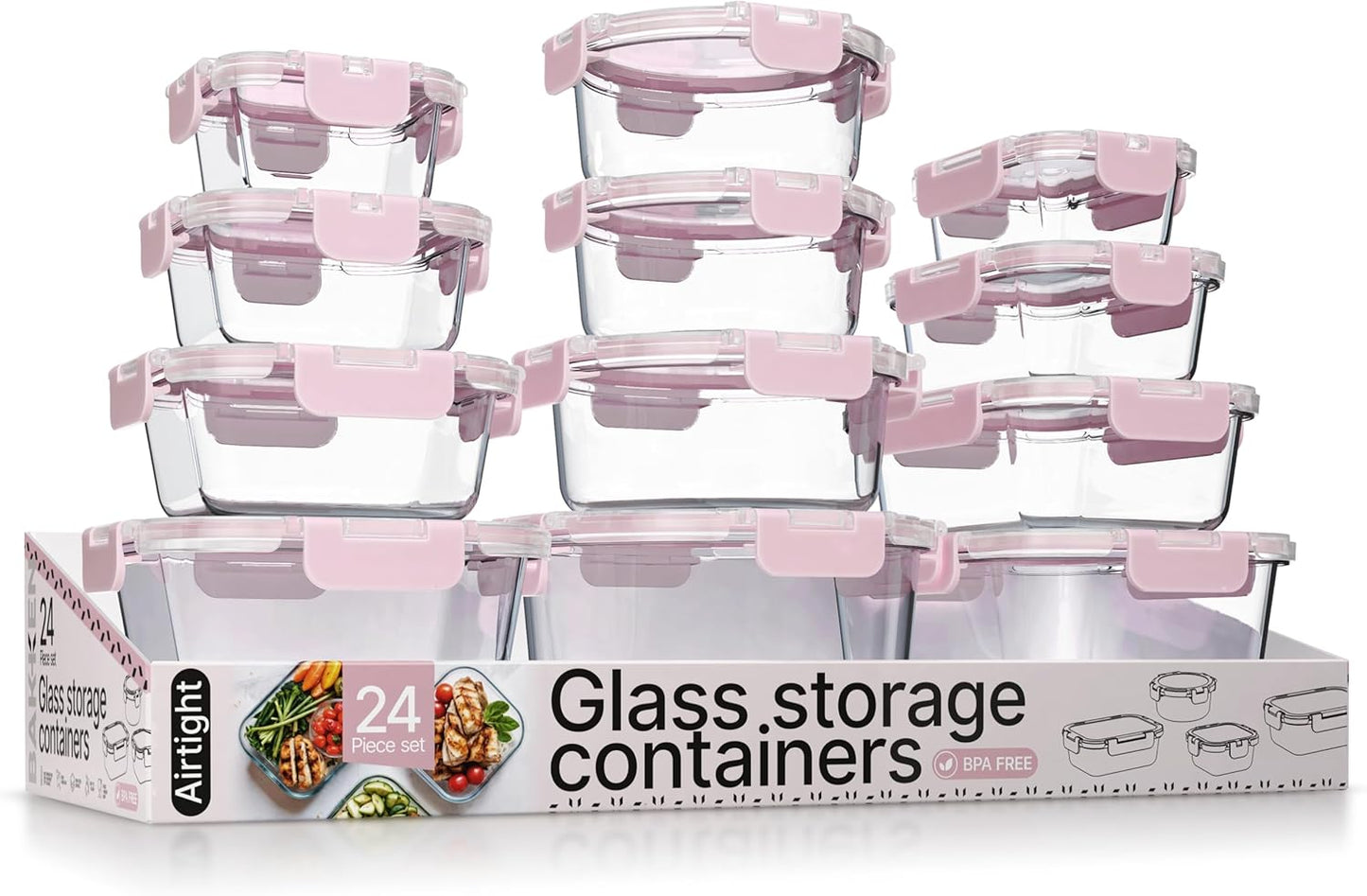 Bakken Borosilicate Glass Food Storage Containers with Lids 24 Pieces, BPA-Free Stackable Lunch & Leftover Containers, Microwave, Freezer & Dishwasher Safe, 100% Airtight Leak-Proof, Pink