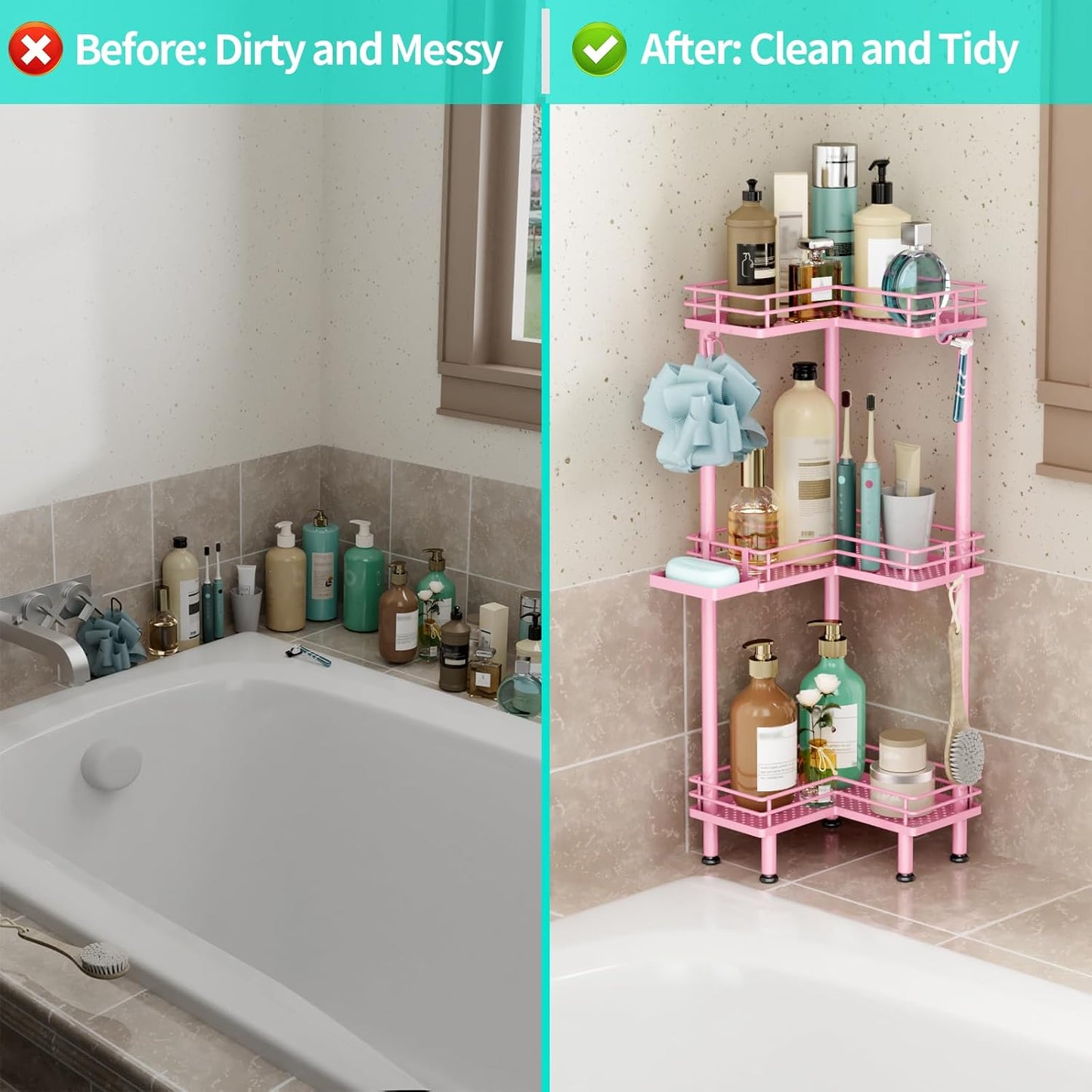 HapiRm Corner Shower Caddy Standing - 3 Tier Shower Organizer Corner with Soap Holder, Rustproof Bathroom Standing Organizer with 4 Hooks, Pink