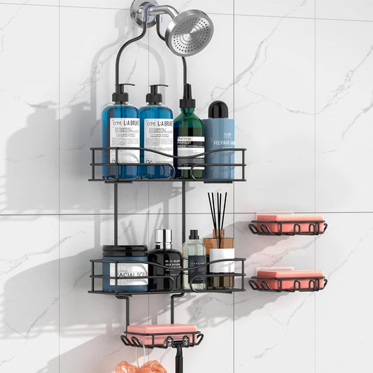 Shower Caddy Hanging - 3 Soap Holders, Rustproof Shower Head Organizer Stainless Steel, Bathroom Organizers and Storage With Hooks & Razor Holder, Black