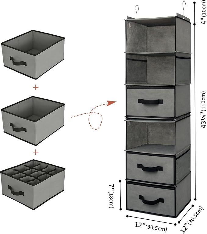GRANNY SAYS 6-Shelf Hanging Closet Organizer, Separable to 2 Pack 3-Shelf, Closet Organization and Storage with 3 Different Drawers, 4 Side Pockets Wardrobe Clothes Organizer, Gray, 1-Pack