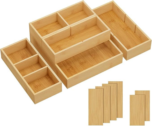 Lifewit Drawer Organizers 5 Pack(11 Grid) with 6 Inserts, Adjustable Bamboo Wooden Drawer Dividers, Stackable Storage Box for Utensils, Silverware, Makeup, Junk in Kitchen/Bathroom/Office/Vanity