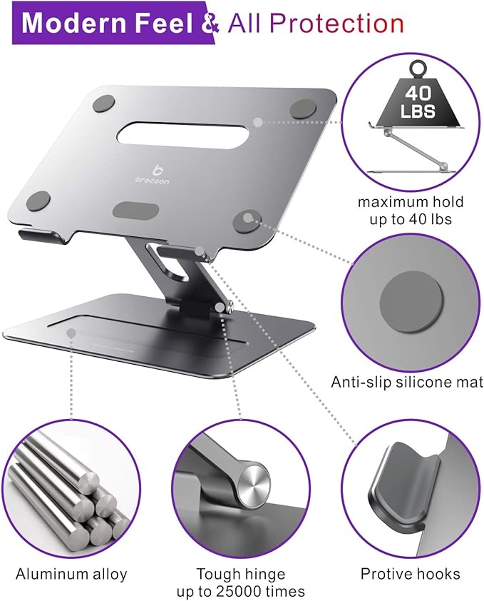 Adjustable MacBook Laptop Stand for Desk | Ergonomic Aluminum Laptop Riser with Heat-Vent, Compatible for 10-17" Laptops, Space Grey