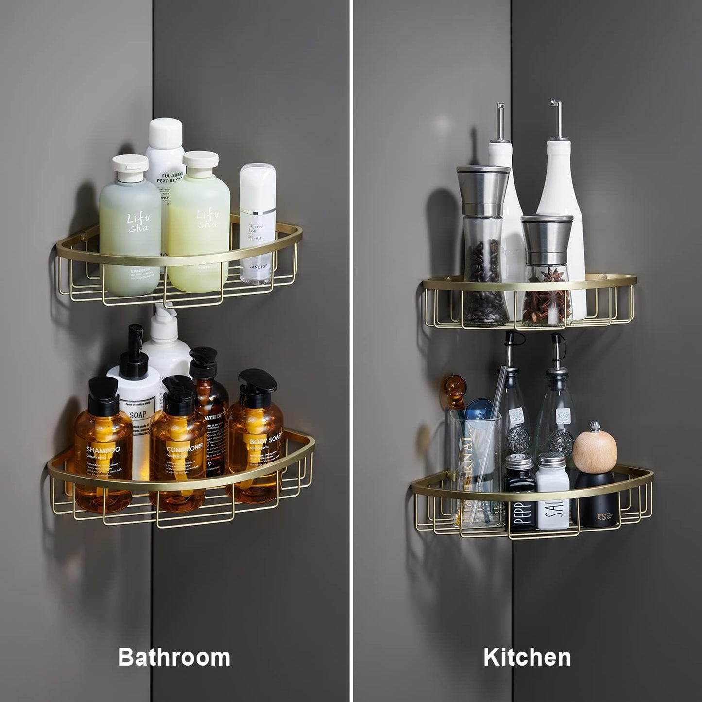 Corner Shower Caddy Organizer, SUS304 Stainless Steel Heavy Duty Rust-Proof Shelf Shampoo Holder, Wall Mounted Storage Rack for Bathroom Kitchen, 2 Packs Brushed Gold