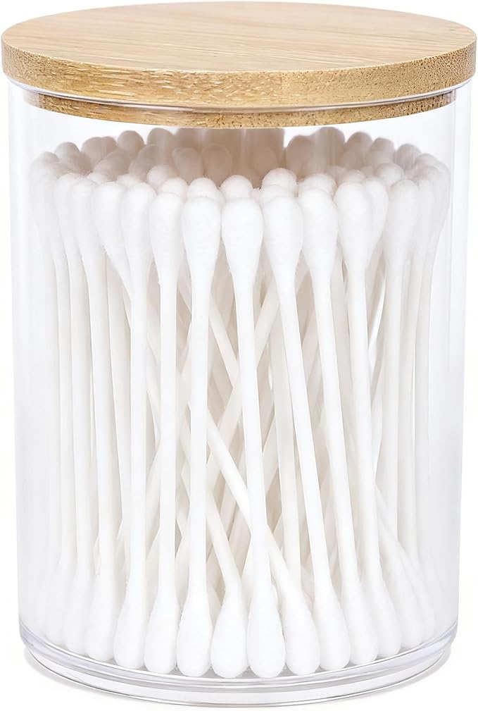 AXX Qtip Dispenser Apothecary Jars Bathroom - Qtip Holder Storage Canister Clear Plastic Jar for Cotton Swab,Q-Tips,Cotton Rounds (H#Bamboo 1Pcs)